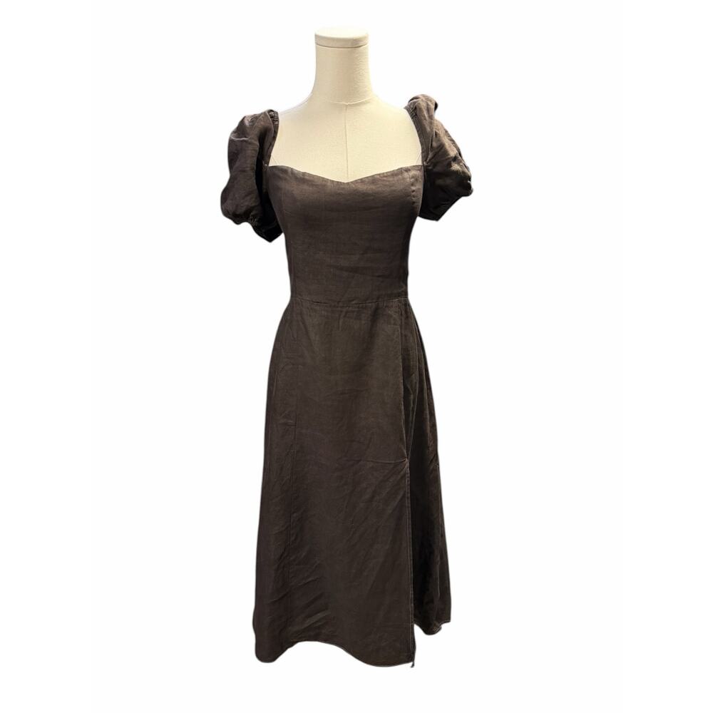Reformation Denver Linen Puff Sleeve Midi Dress – Brown –